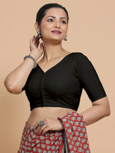 Pragya x Rozaana | V-Neck Black Plain Cotton Saree Blouse