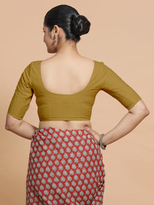 Pragya x Rozaana | V-Neck Khaki Plain Cotton Saree Blouse