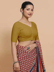 Pragya x Rozaana | V-Neck Khaki Plain Cotton Saree Blouse