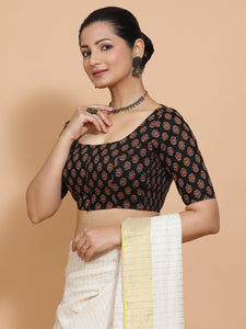 Pranavi x Rozaana | Elbow Sleeves Cotton Saree Blouse in Black Peacock Block Print Fabric