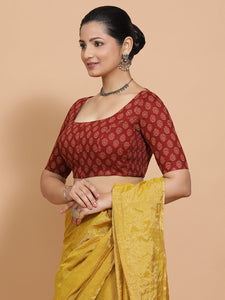 Pranavi x Rozaana | Elbow Sleeves Cotton Saree Blouse in Red Peacock Block Print Fabric