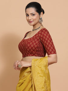 Pranavi x Rozaana | Elbow Sleeves Cotton Saree Blouse in Red Peacock Block Print Fabric