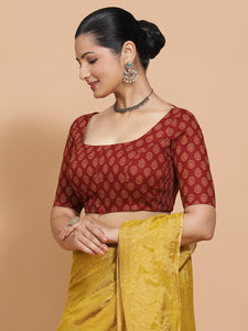 Pranavi x Rozaana | Elbow Sleeves Cotton Saree Blouse in Red Peacock Block Print Fabric