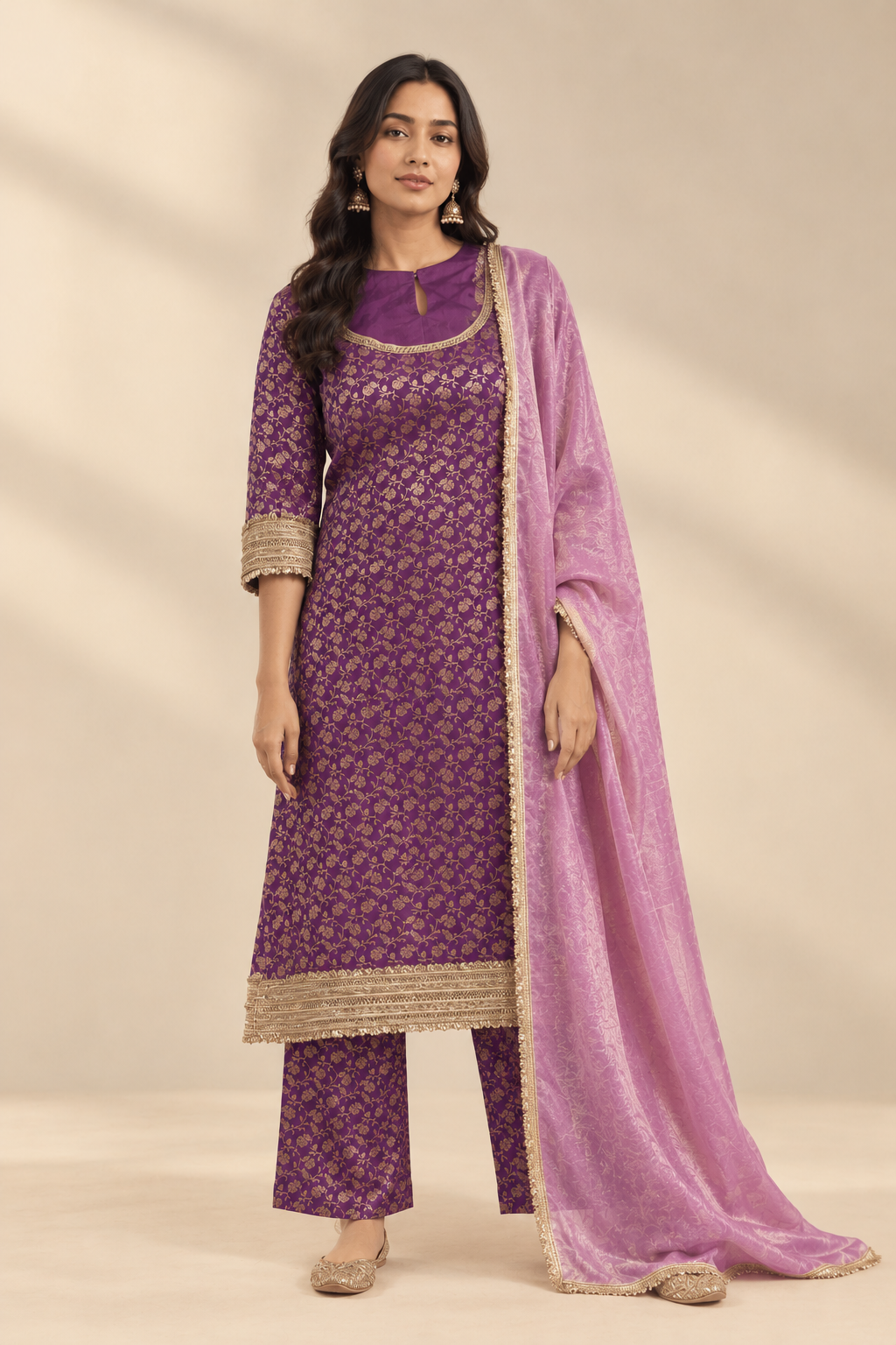 Saubhagya | Purple Iris Floral Jaal Brocade Kurta Set with Dupatta
