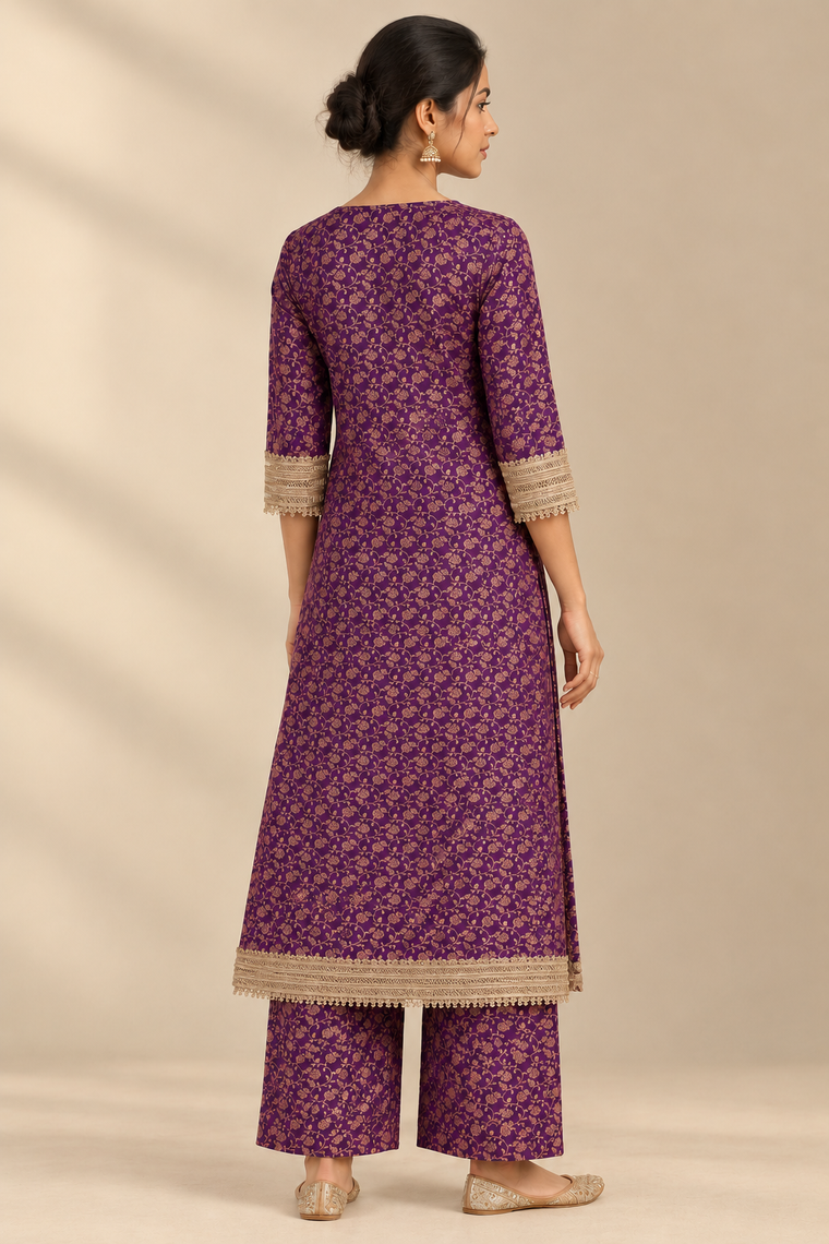 Saubhagya | Purple Iris Floral Jaal Brocade Kurta Set with Dupatta