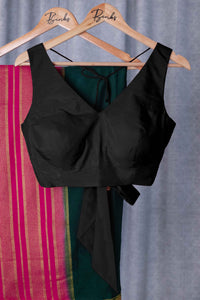  Raisa x Rozaana | Charcoal Black Sleeveless FlexiFit™ Saree Blouse with Simple V Neckline and Back Cut-out with Tie-Up_1