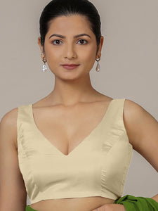 Raisa x Rozaana | Cream Sleeveless FlexiFit™ Saree Blouse with Simple V Neckline and Back Cut-out with Tie-Up