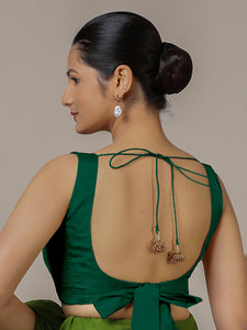 Raisa x Rozaana | Bottle Green Sleeveless FlexiFit™ Saree Blouse with Simple V Neckline and Back Cut-out with Tie-Up