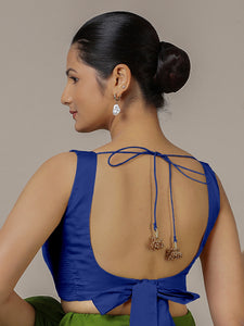 Raisa x Rozaana | Cobalt Blue Sleeveless FlexiFit™ Saree Blouse with Simple V Neckline and Back Cut-out with Tie-Up