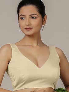 Raisa x Rozaana | Cream Sleeveless FlexiFit™ Saree Blouse with Simple V Neckline and Back Cut-out with Tie-Up