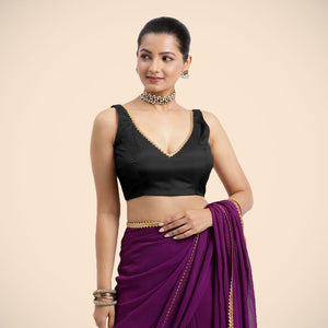 Raisa x Tyohaar | Charcoal Black Sleeveless FlexiFit™ Saree Blouse with V Neckline with Gota Lace Embellishment and Back Cut-out with Tie-Up - Binks  