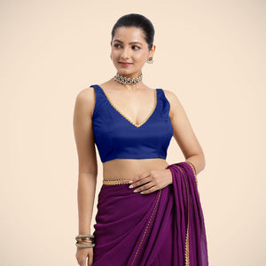 Raisa x Tyohaar | Cobalt Blue Sleeveless FlexiFit™ Saree Blouse with V Neckline with Gota Lace Embellishment and Back Cut-out with Tie-Up - Binks  