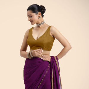 Raisa x Tyohaar | Bronze Gold Sleeveless FlexiFit™ Saree Blouse with V Neckline with Gota Lace Embellishment and Back Cut-out with Tie-Up - Binks  