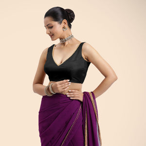Raisa x Tyohaar | Charcoal Black Sleeveless FlexiFit™ Saree Blouse with V Neckline with Gota Lace Embellishment and Back Cut-out with Tie-Up - Binks  