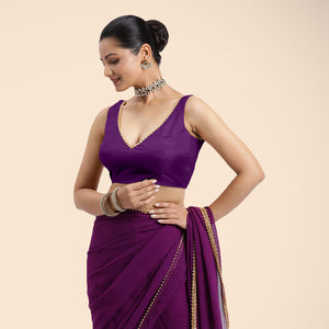 Raisa x Tyohaar | Purple Sleeveless FlexiFit™ Saree Blouse with V Neckline with Gota Lace Embellishment and Back Cut-out with Tie-Up - Binks  