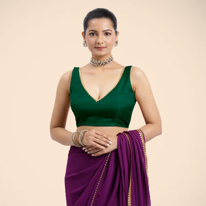  Raisa x Tyohaar | Bottle Green Sleeveless FlexiFit™ Saree Blouse with V Neckline with Gota Lace Embellishment and Back Cut-out with Tie-Up_6