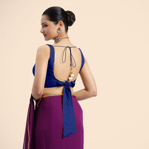 Raisa x Tyohaar | Cobalt Blue Sleeveless FlexiFit™ Saree Blouse with V Neckline with Gota Lace Embellishment and Back Cut-out with Tie-Up - Binks  