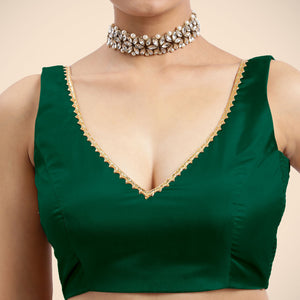 Raisa x Tyohaar | Bottle Green Sleeveless FlexiFit™ Saree Blouse with V Neckline with Gota Lace Embellishment and Back Cut-out with Tie-Up - Binks  