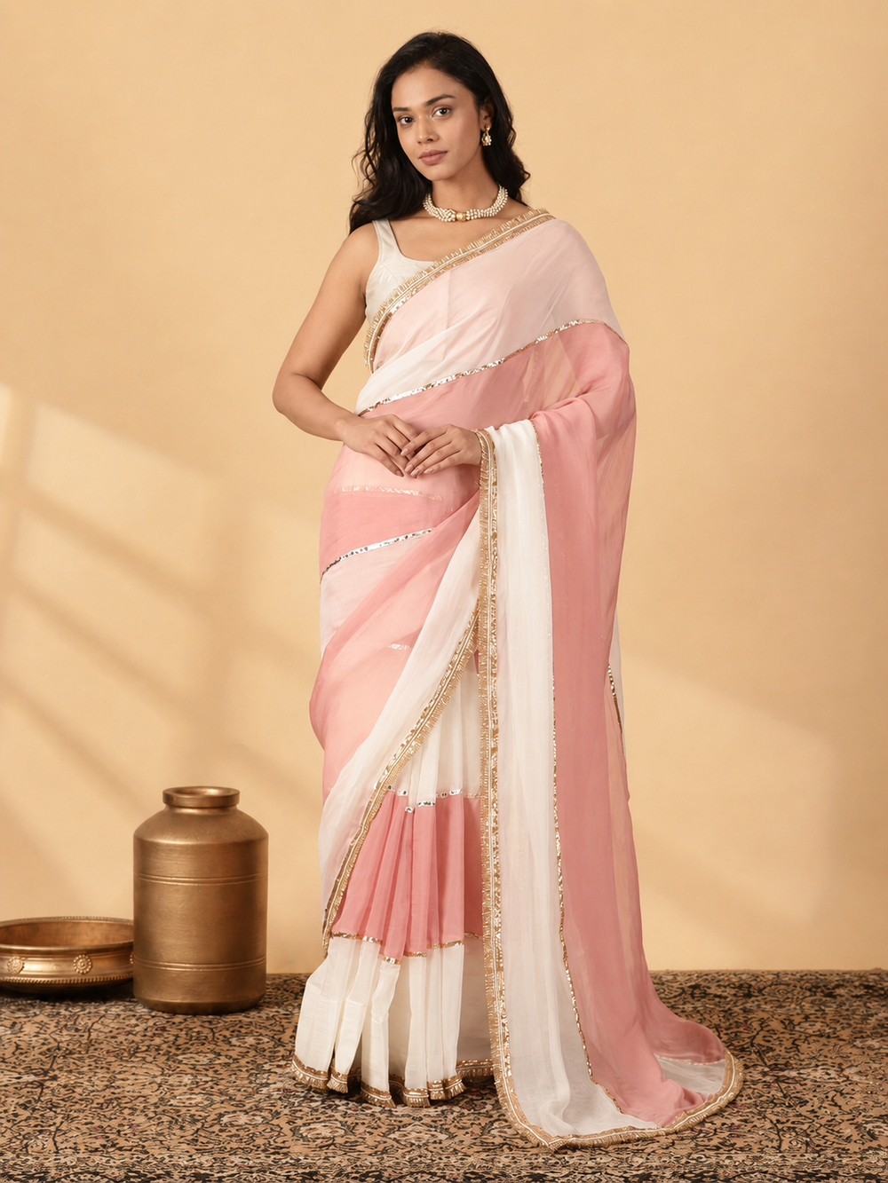 Rakhi-Giftbox | Pink & White Viscose Kajol Saree with Plain Chandheri Sushmita Sleeveless Blouse