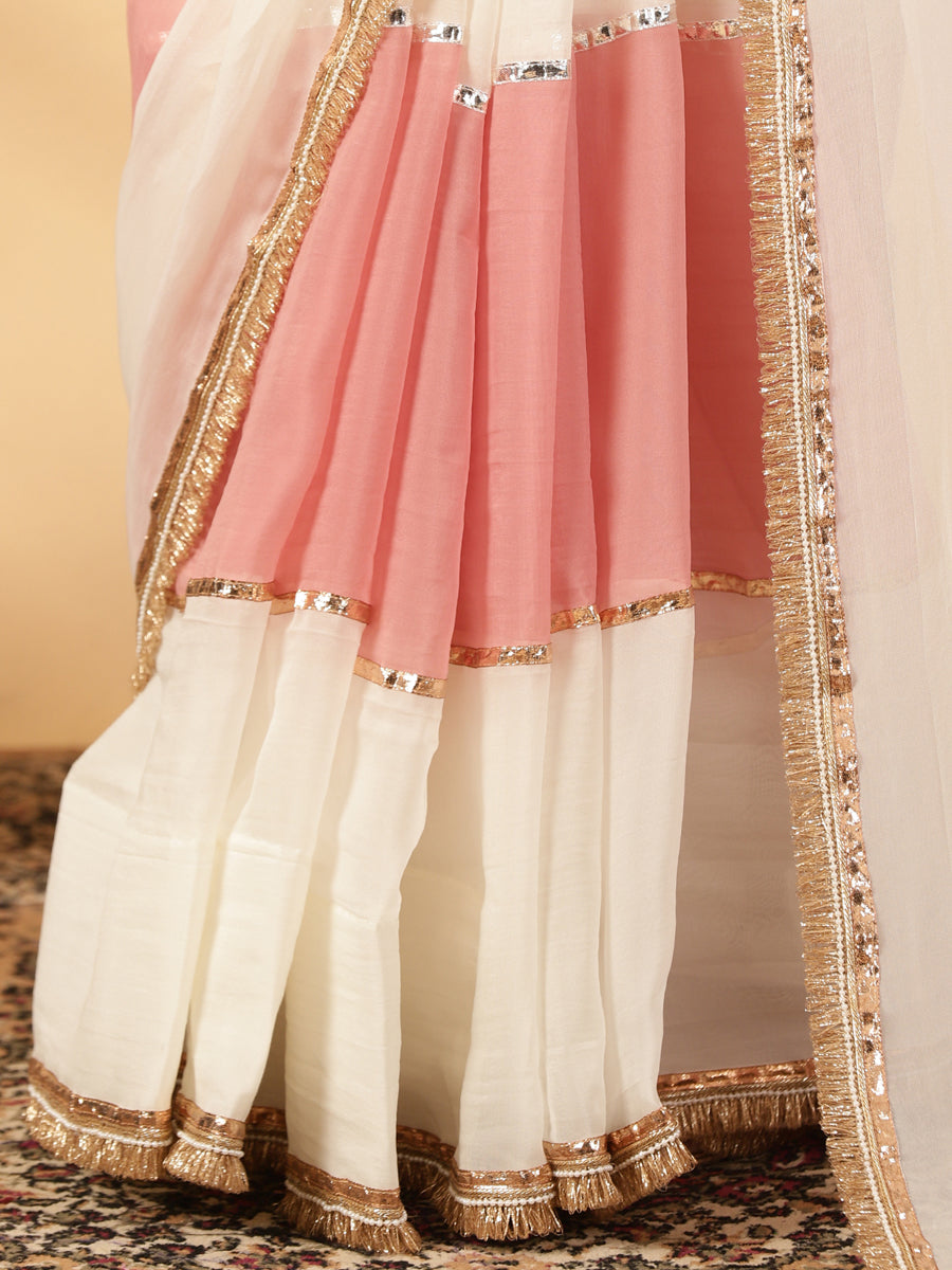 Cloudy Pink & Frost White Viscose Organza Multi Panelled Saree With Designer Lace, in Pink Viscose Organza (view 5).