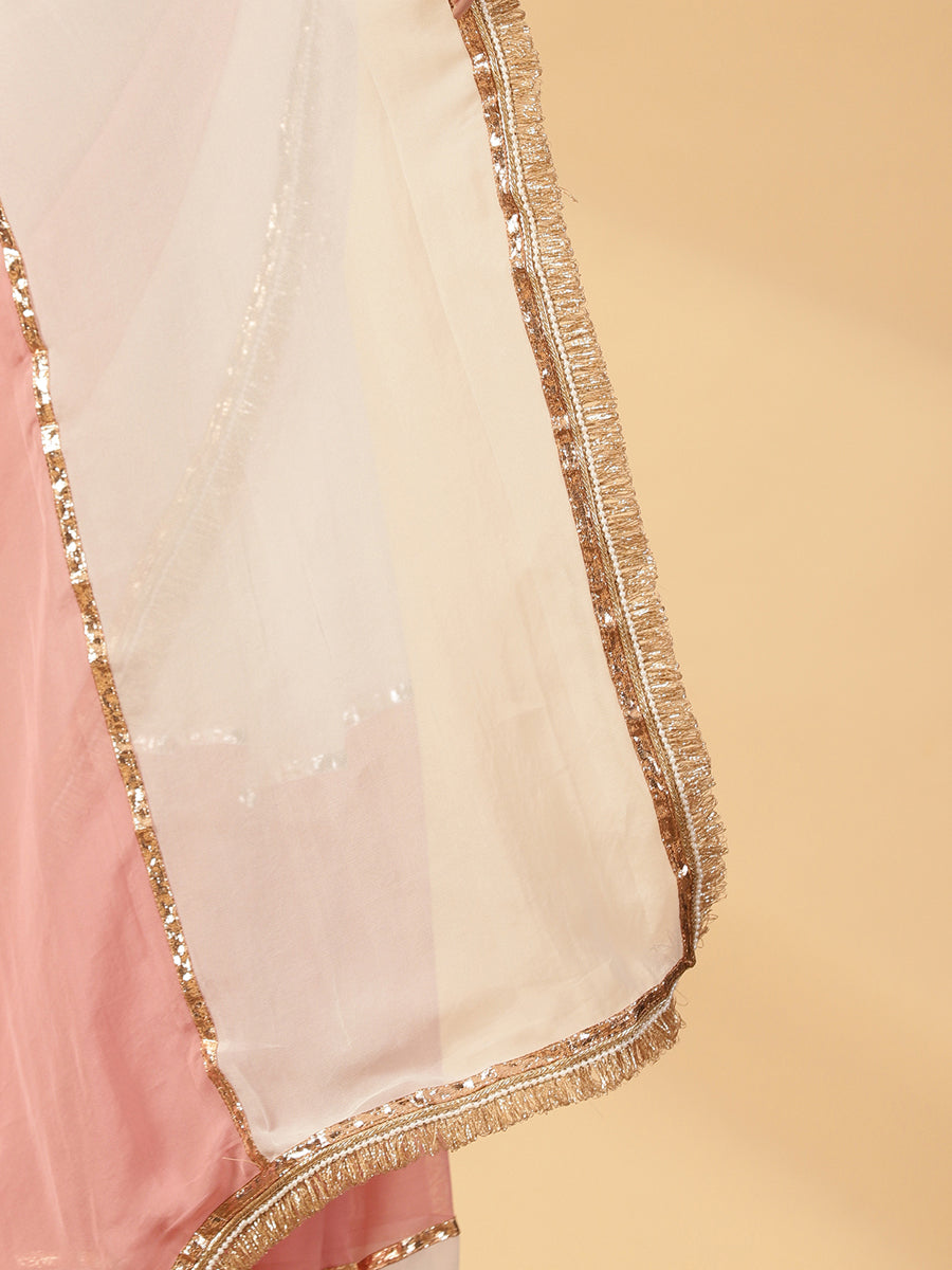 Cloudy Pink & Frost White Viscose Organza Multi Panelled Saree With Designer Lace, in Pink Viscose Organza (view 6).