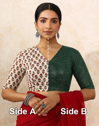 Ramona Reversible Duet | Tulip Bloom Cream × Dark Green Silver Stripe Cotton FlexiFit Saree Blouse