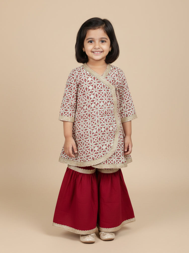 Rangoli x Tyohaar | Angrakha-Sharara Set in Cream & Red Geometric Block Print Cotton