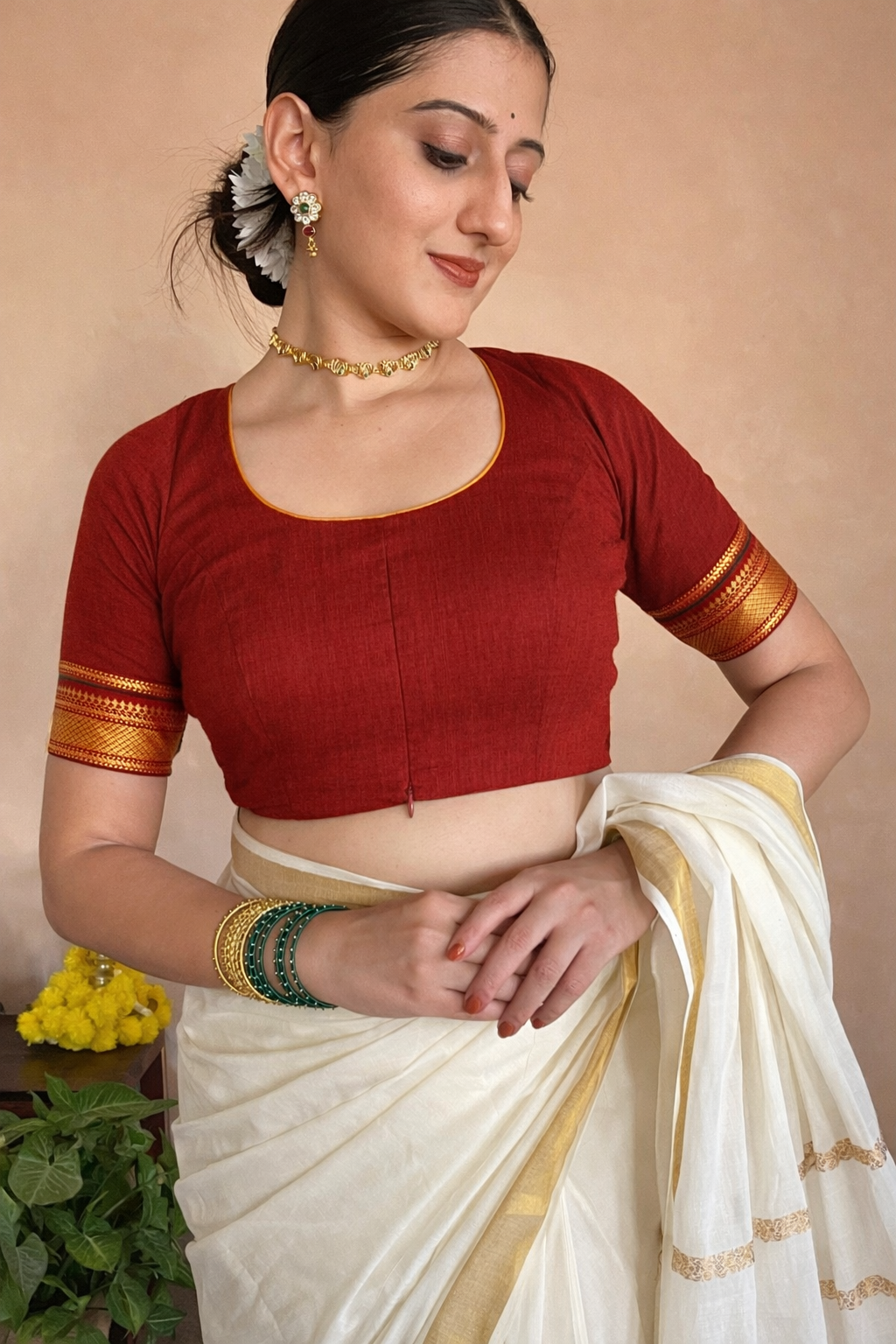 Kasavu-Kit Kasavu Saree with Revathi Elbow Sleeve blouse in Chilli Red