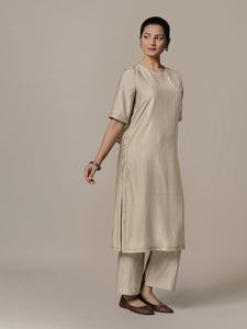 Riya x Rozaana | A Line Kurta in Oyster Grey with Thread Work | Coords or Only Kurta