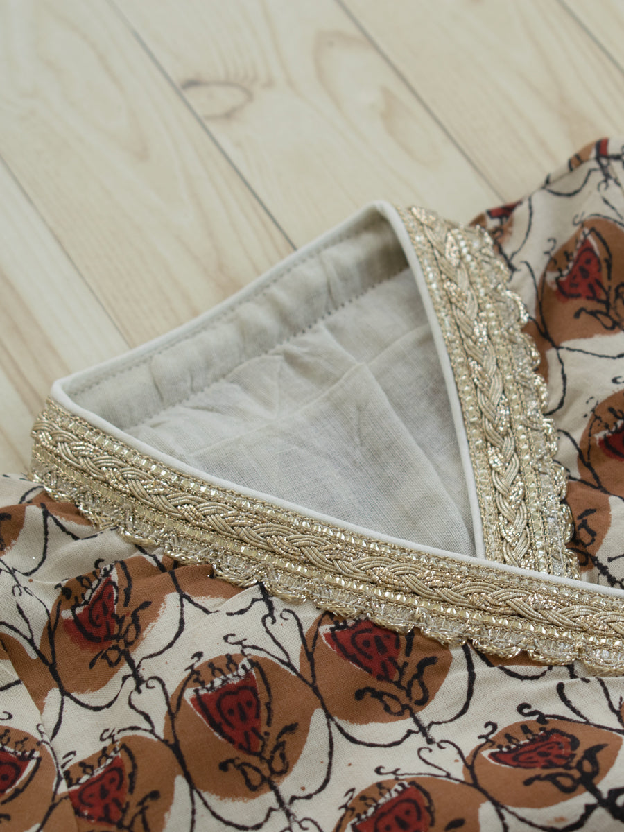 Rosie x Tyohaar | Angrakha-Sharara Set in Cream Floral Block Print Cotton