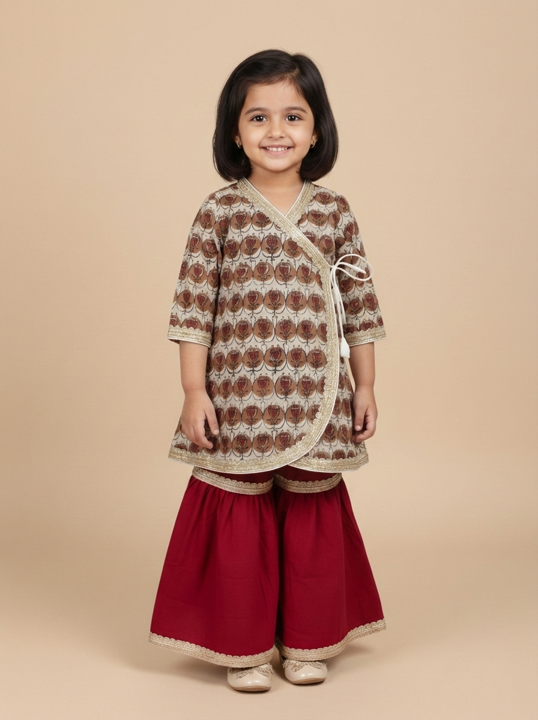 Rosie x Tyohaar | Angrakha-Sharara Set in Cream Floral Block Print Cotton
