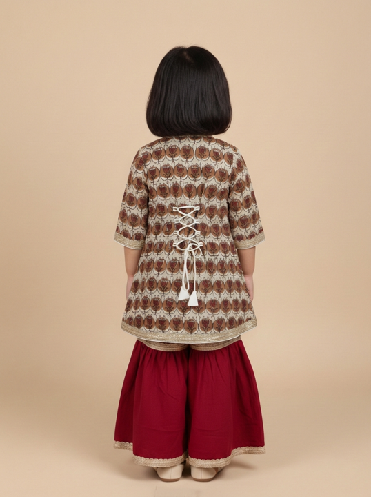 Rosie x Tyohaar | Angrakha-Sharara Set in Cream Floral Block Print Cotton