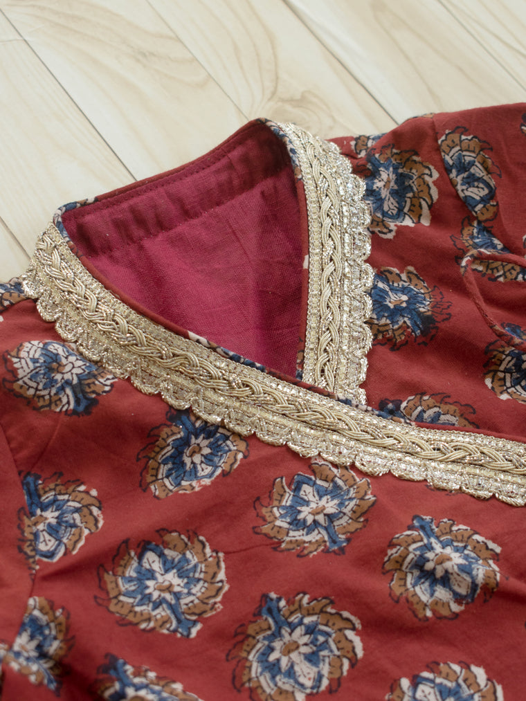 Roza x Tyohaar | Angrakha-Sharara Set in Crimson Field Block Print Cotton