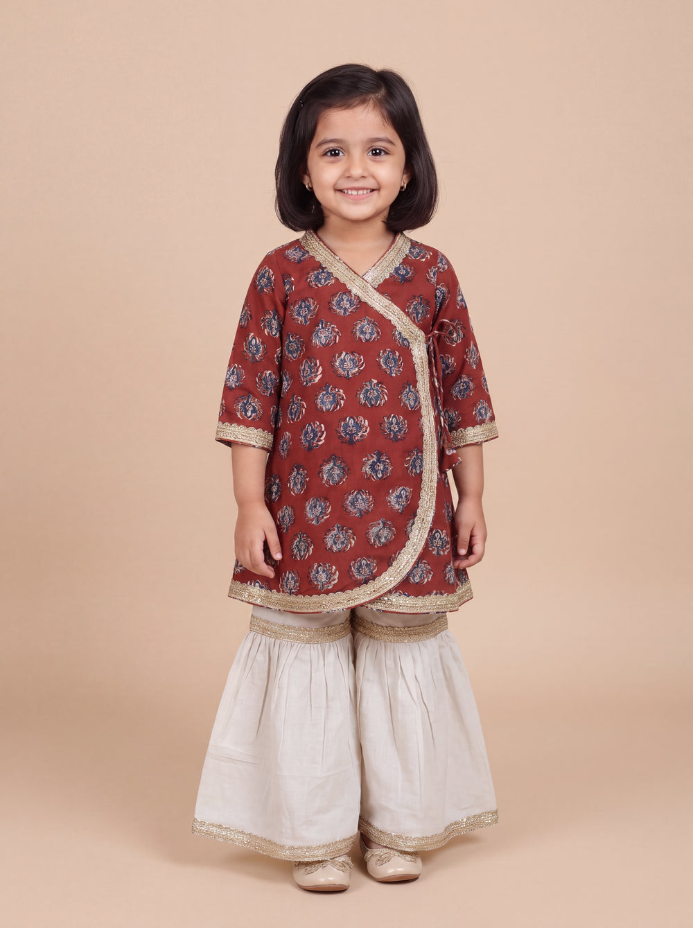 Roza x Tyohaar | Angrakha-Sharara Set in Crimson Field Block Print Cotton