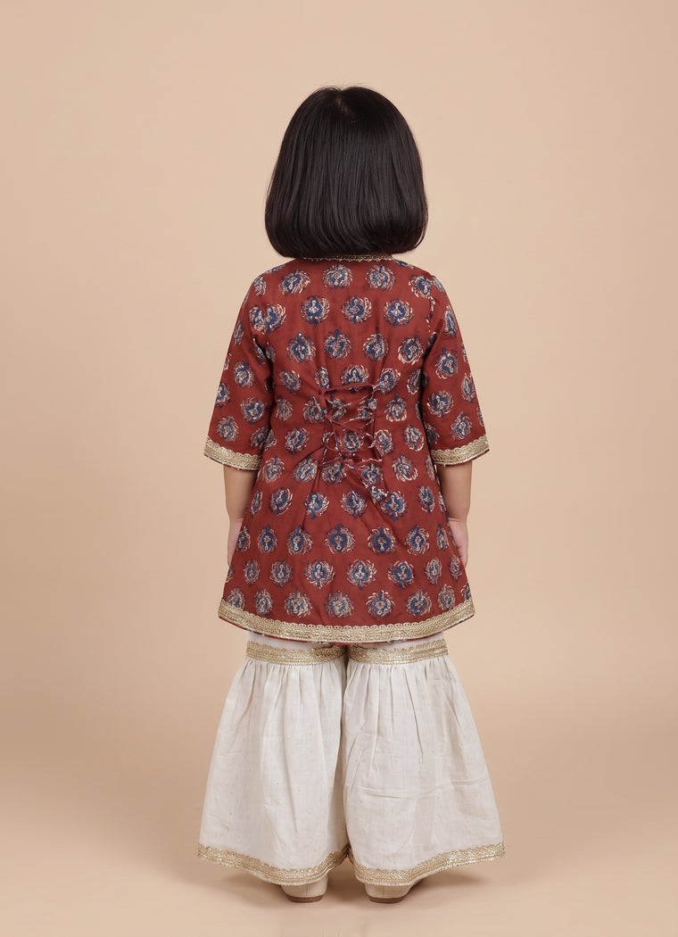 Roza x Tyohaar | Angrakha-Sharara Set in Crimson Field Block Print Cotton
