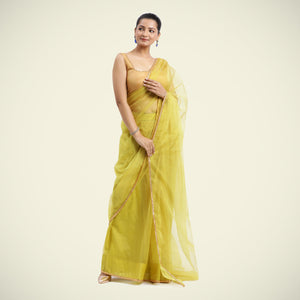  Kinara x Tyohaar | Lemon Yellow Organza Saree with Gota Border | Ready-to-Wear Optional_3