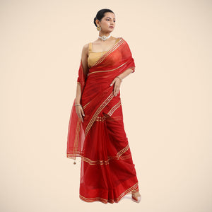  Gulaal x Tyohaar | Crimson Red Organza Saree with Gota Border | Ready-to-Wear Optional_5