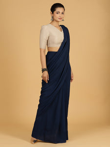 Yamini x Rozaana | Navy Blue Georgette Saree - Ready-to-Wear Optional