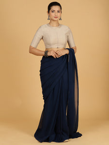 Yamini x Rozaana | Navy Blue Georgette Saree - Ready-to-Wear Optional