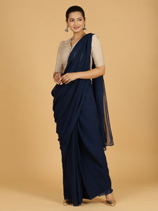 Yamini x Rozaana | Navy Blue Georgette Saree - Ready-to-Wear Optional