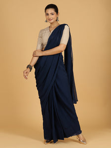 Yamini x Rozaana | Navy Blue Georgette Saree - Ready-to-Wear Optional