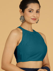 Zubeida x Rozaana | Crystal Teal Sleeveless Halter Neck Saree Blouse