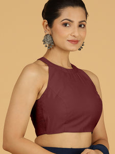 Zubeida x Rozaana | Deep Maroon Sleeveless Halter Neck Saree Blouse