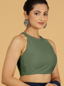 Zubeida x Rozaana | Hunter Green Sleeveless Halter Neck Saree Blouse