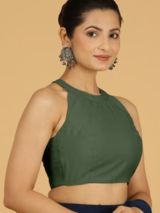 Zubeida x Rozaana | Pine Green Sleeveless Halter Neck Saree Blouse