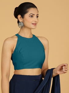 Zubeida x Rozaana | Crystal Teal Sleeveless Halter Neck Saree Blouse