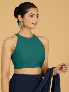 Zubeida x Rozaana | Peacock Green Sleeveless Halter Neck Saree Blouse