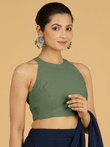 Zubeida x Rozaana | Hunter Green Sleeveless Halter Neck Saree Blouse