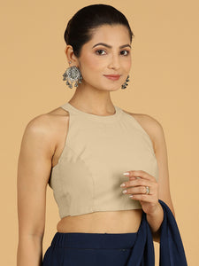 Zubeida x Rozaana | Oyster Grey Sleeveless Halter Neck Saree Blouse