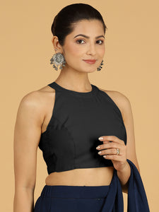 Zubeida x Rozaana | Raven Black Sleeveless Halter Neck Saree Blouse